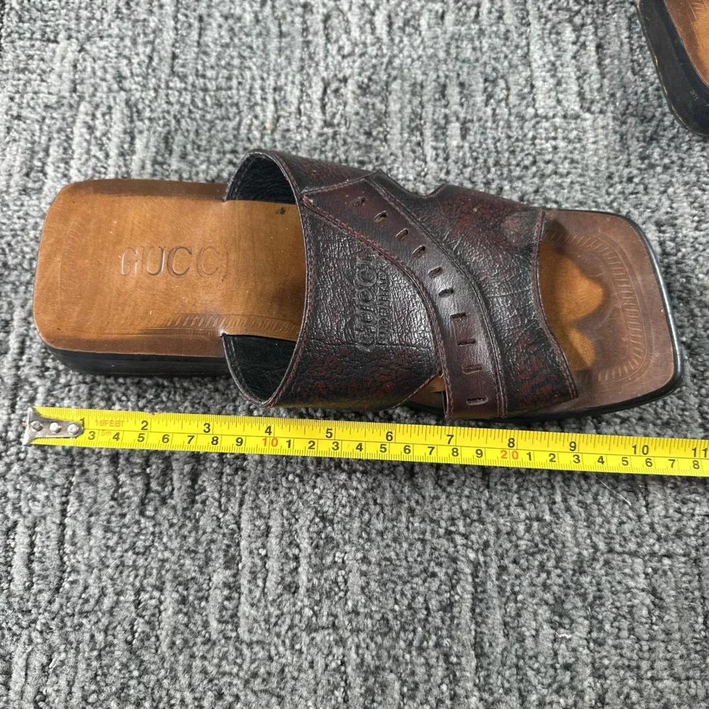 VTG Gucci Slide Sandals Mens 9 Dark Brown Leather Square Toe Made in Italy